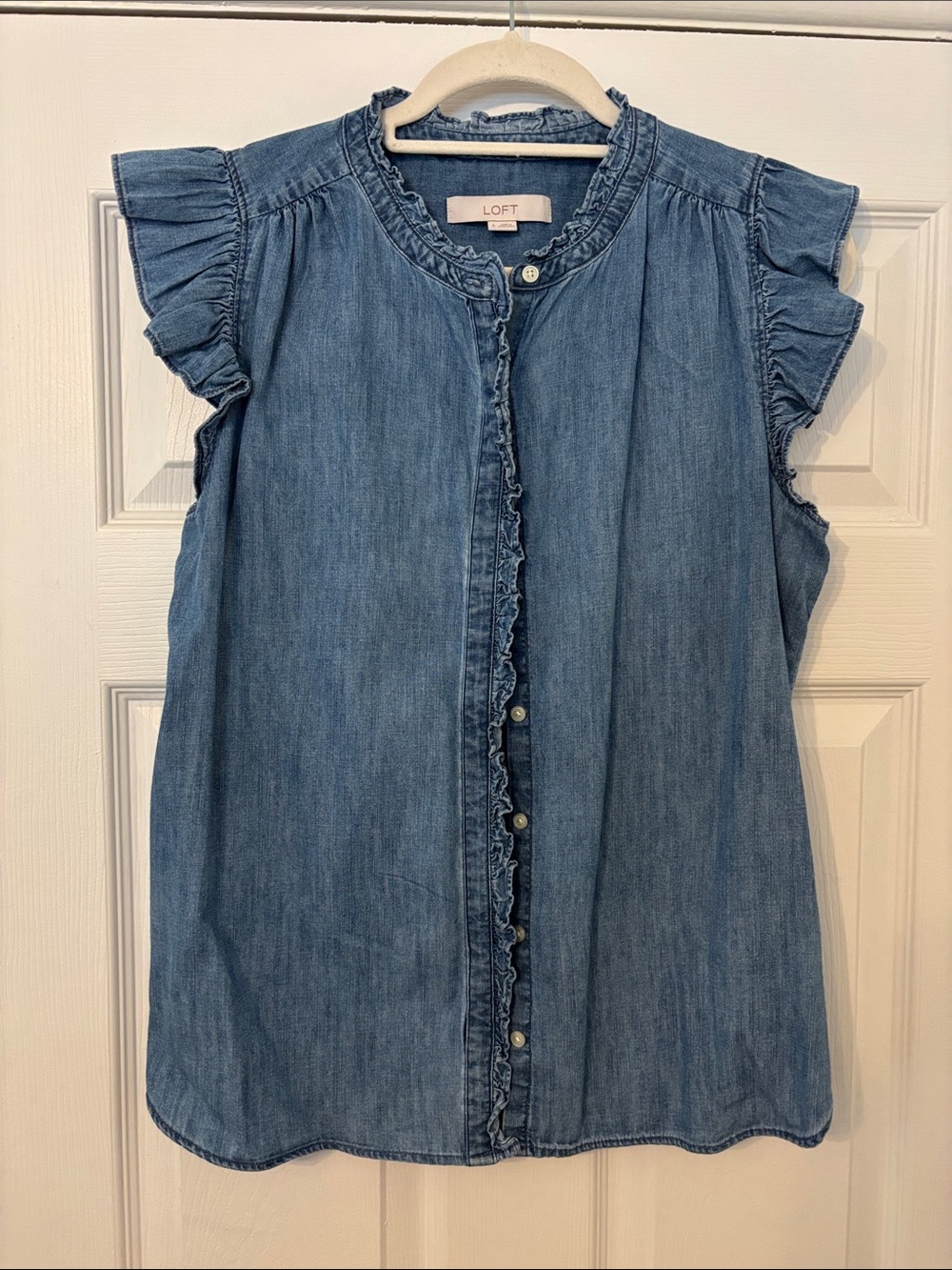 LOFT Blue Ruffle-Trim Denim Button-Down Top